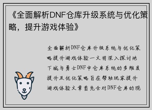 《全面解析DNF仓库升级系统与优化策略，提升游戏体验》